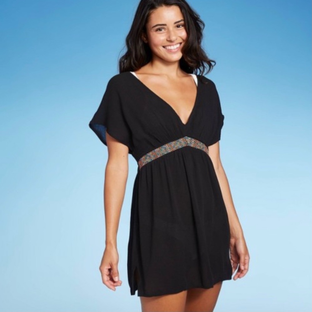 Xhilaration Women's Black Embroidered V-Neck Swim Coverup - NWT